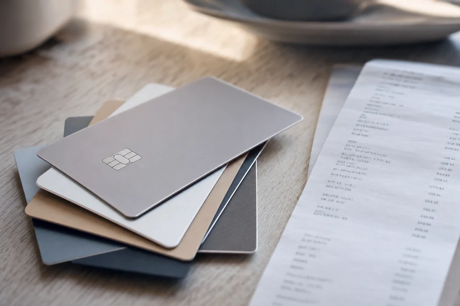 Nahaufnahme mehrerer Zahlungskarten neben einem ausgedruckten Zahlungsbeleg